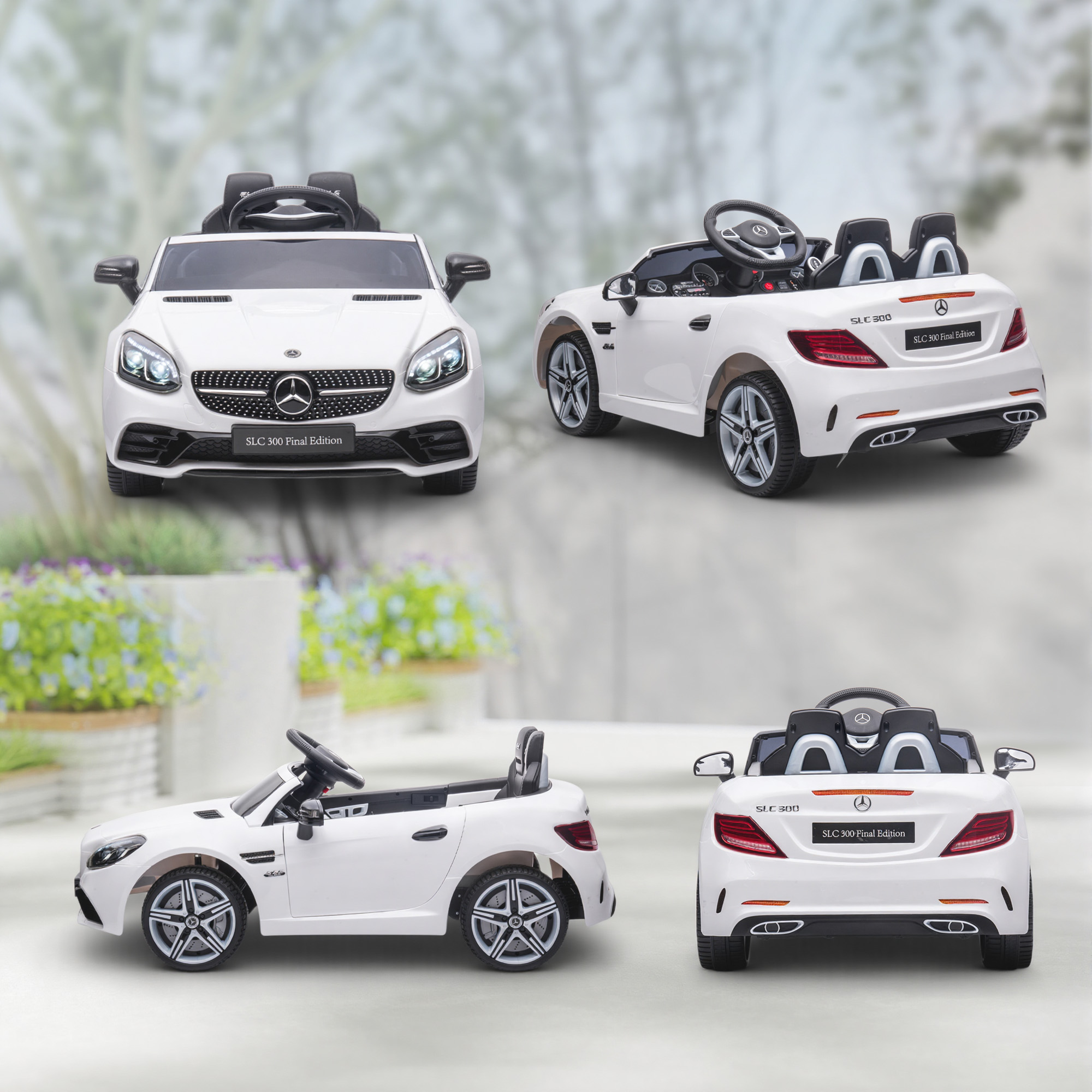 Un coche de juguete blanco Mercedes SLC 300, visto de frente, lado y atrás.
