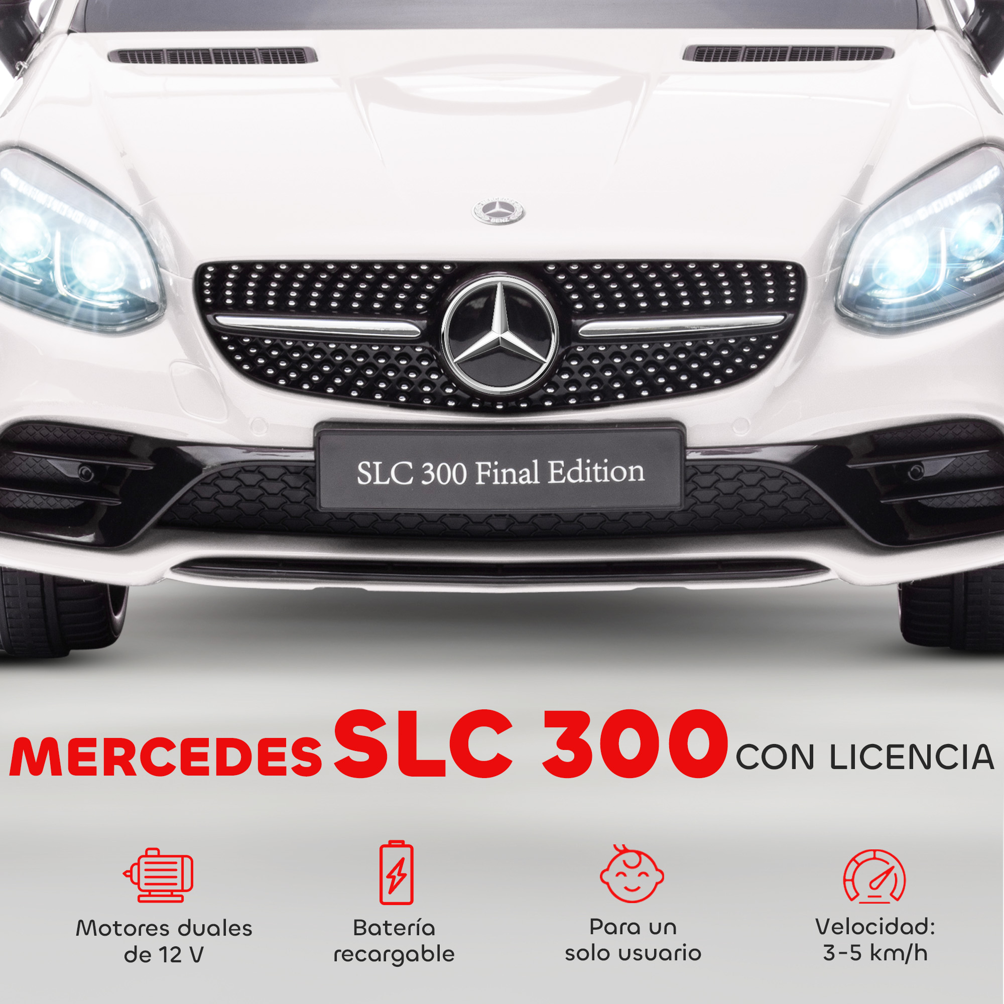 Un coche de juguete Mercedes SLC 300 blanco con faros iluminados.