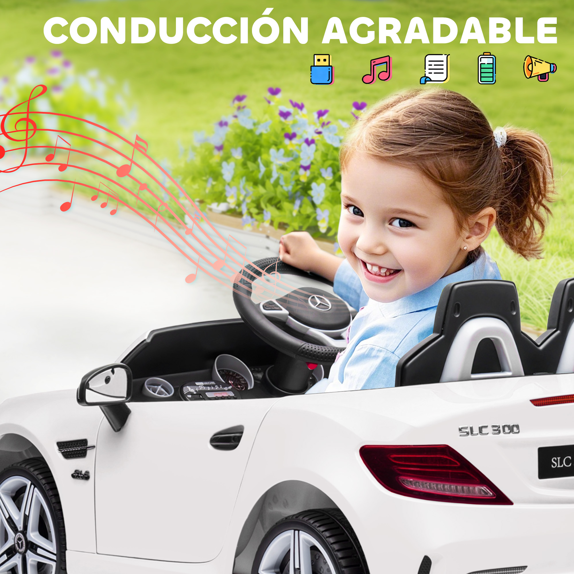 Una niña conduce un coche eléctrico blanco con notas musicales e iconos.