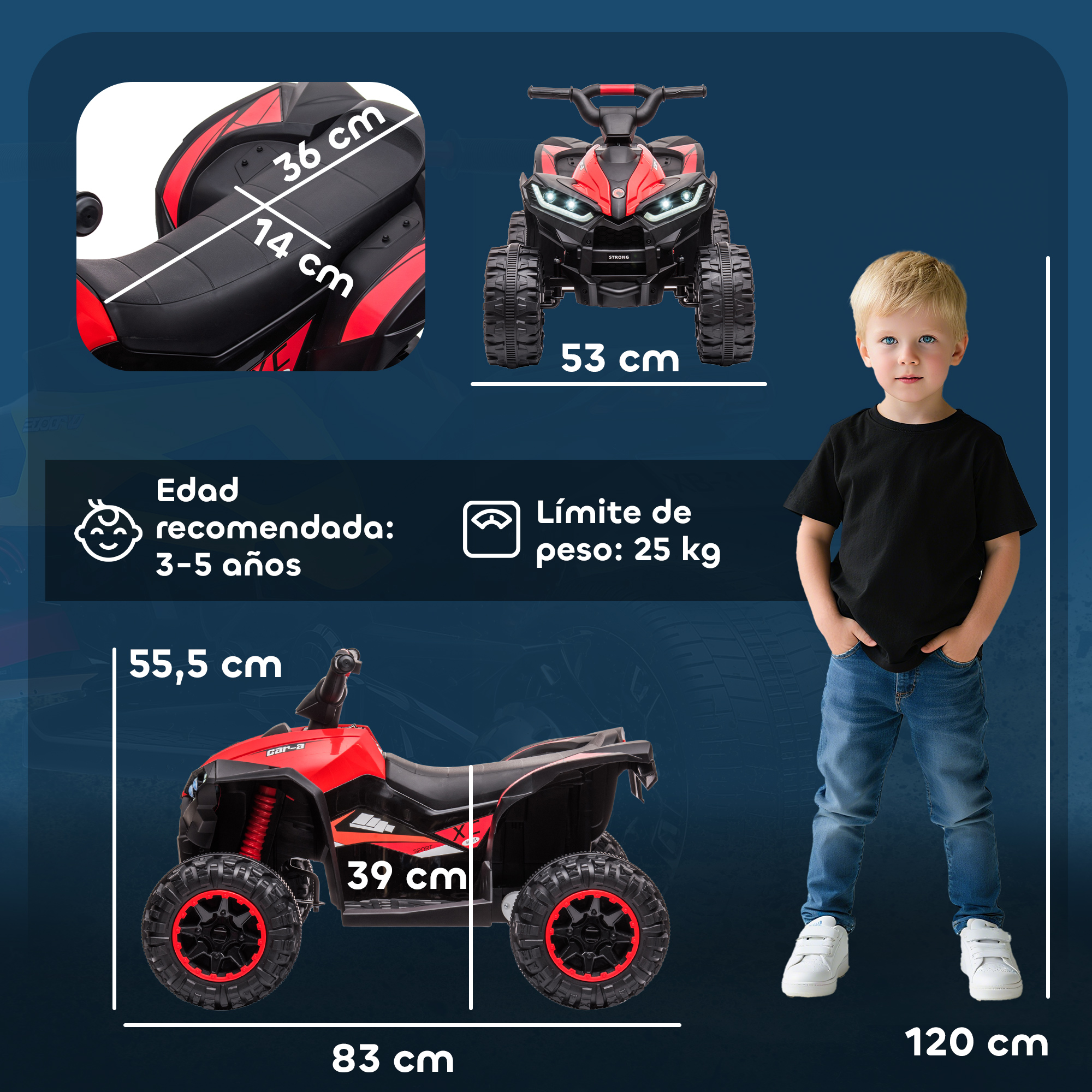 Quad rojo con niño, dimensiones 83x55,5x39cm, recomendado 3-5 años.