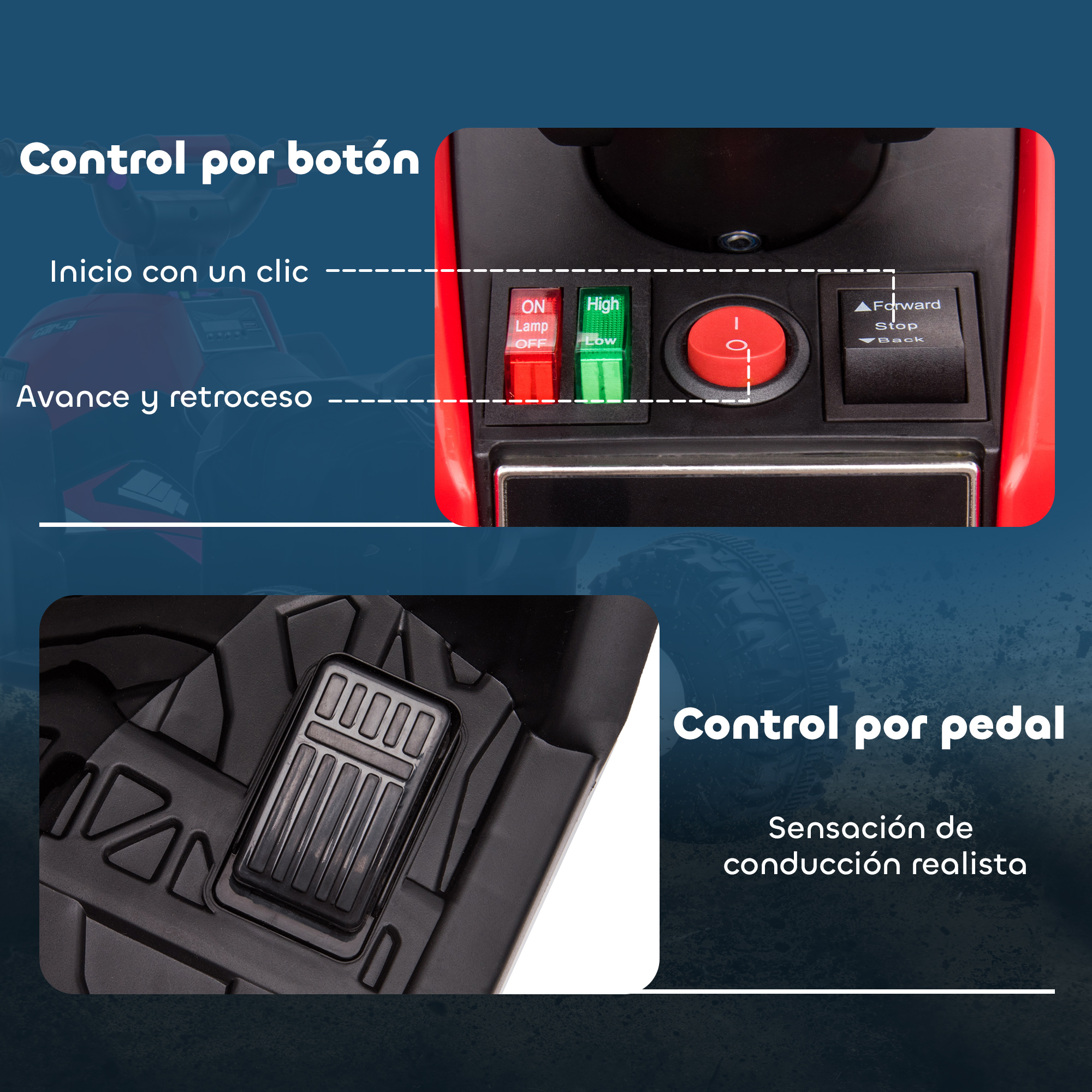 Controles de un coche de juguete: botones, un interruptor y un pedal.
