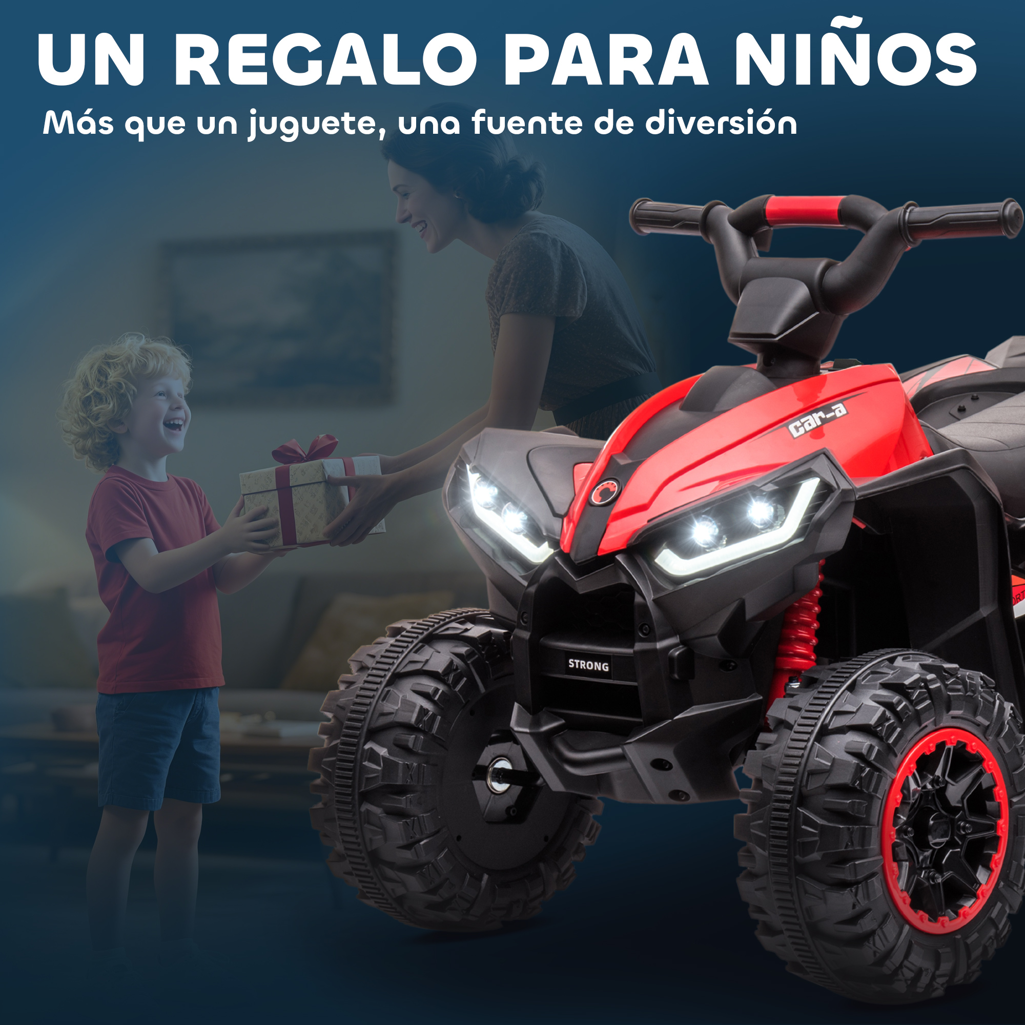 Un niño recibe un regalo de una mujer junto a un quad rojo.