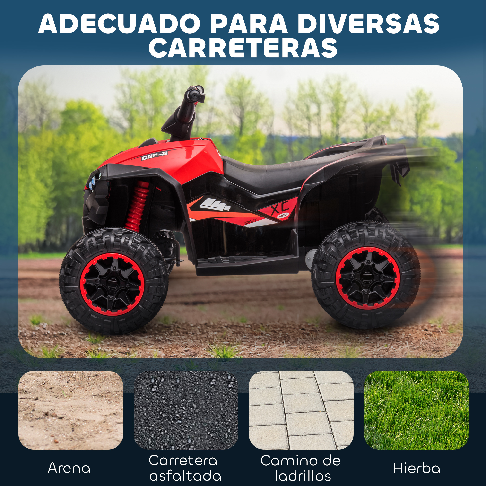 Un quad rojo y negro para niños con ruedas grandes se muestra al aire libre.
