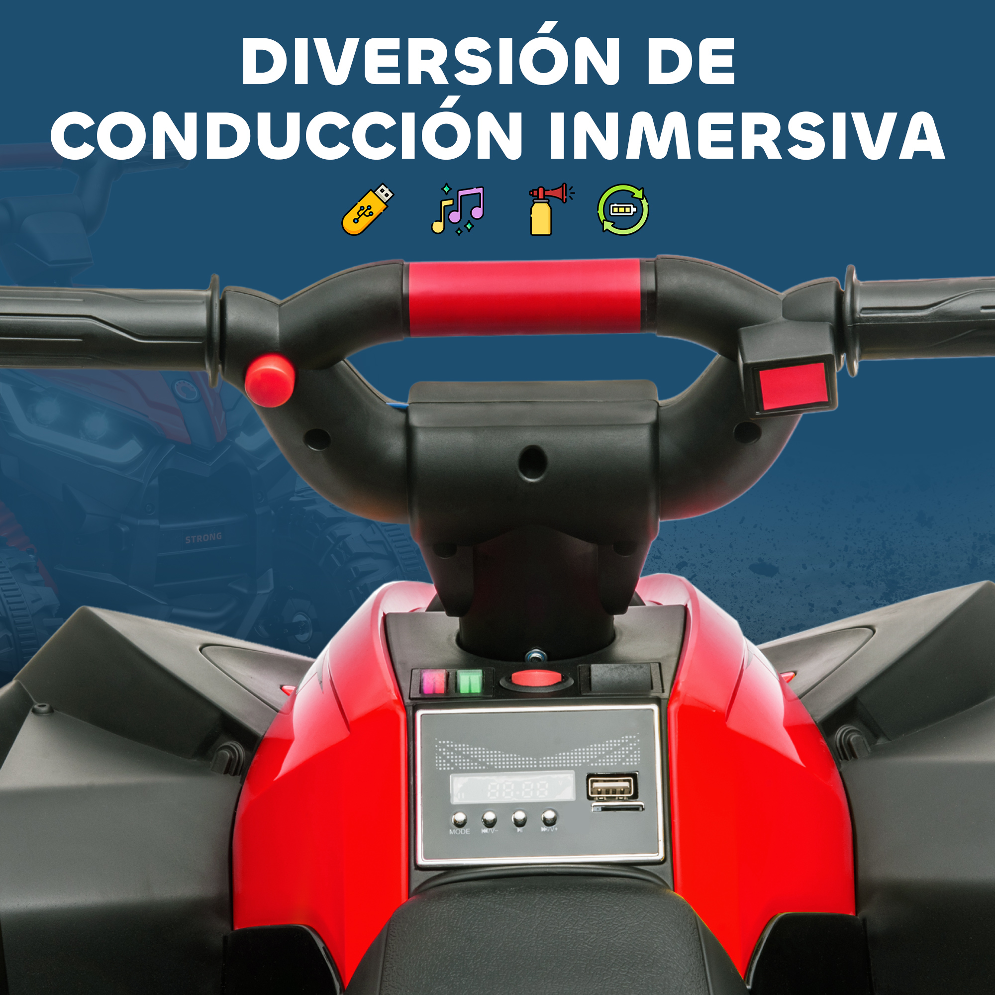 Primer plano del volante y salpicadero de un quad infantil rojo con iconos.