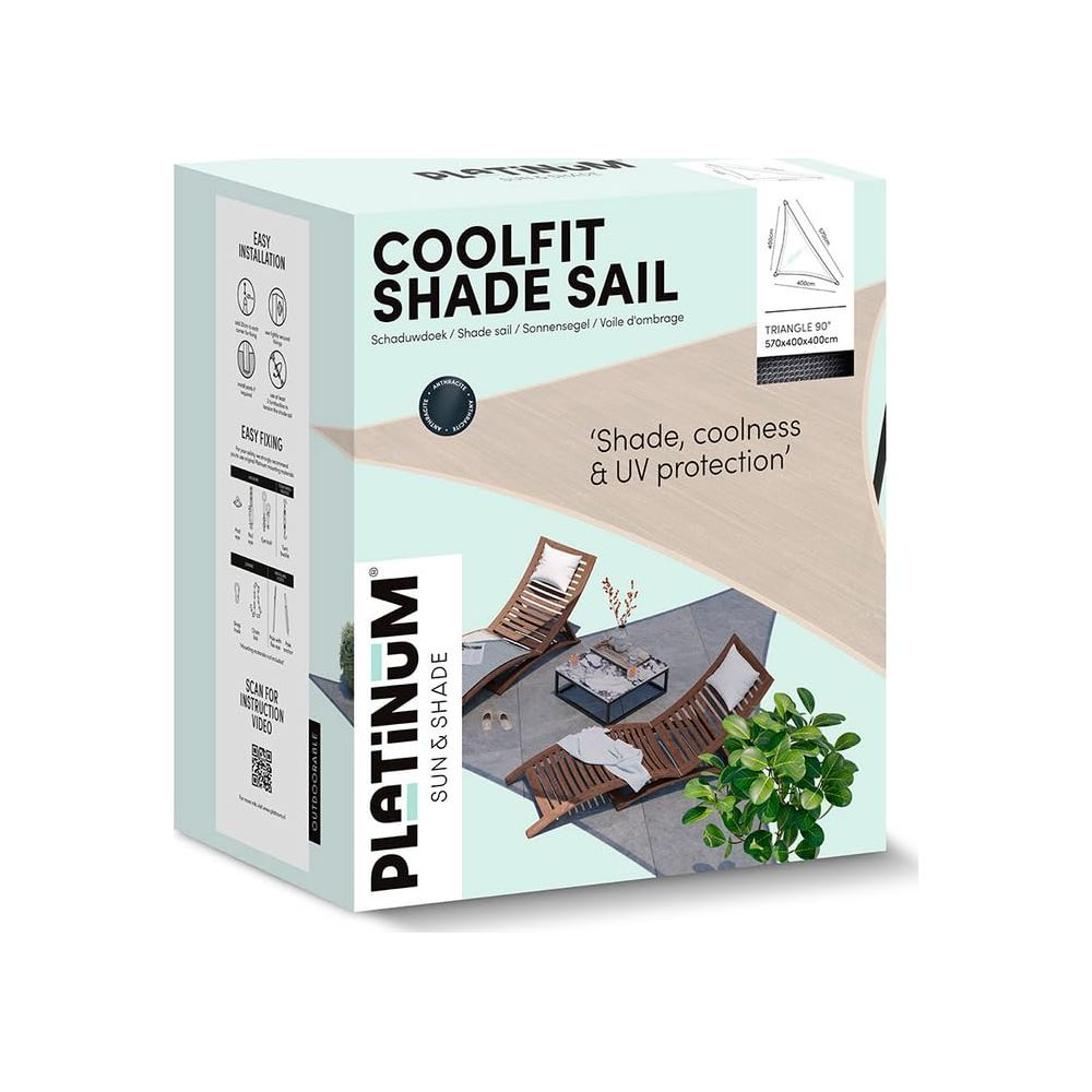 Verpackung für ein COOLFIT Sonnensegel, mit Bildern von Liegestühlen.