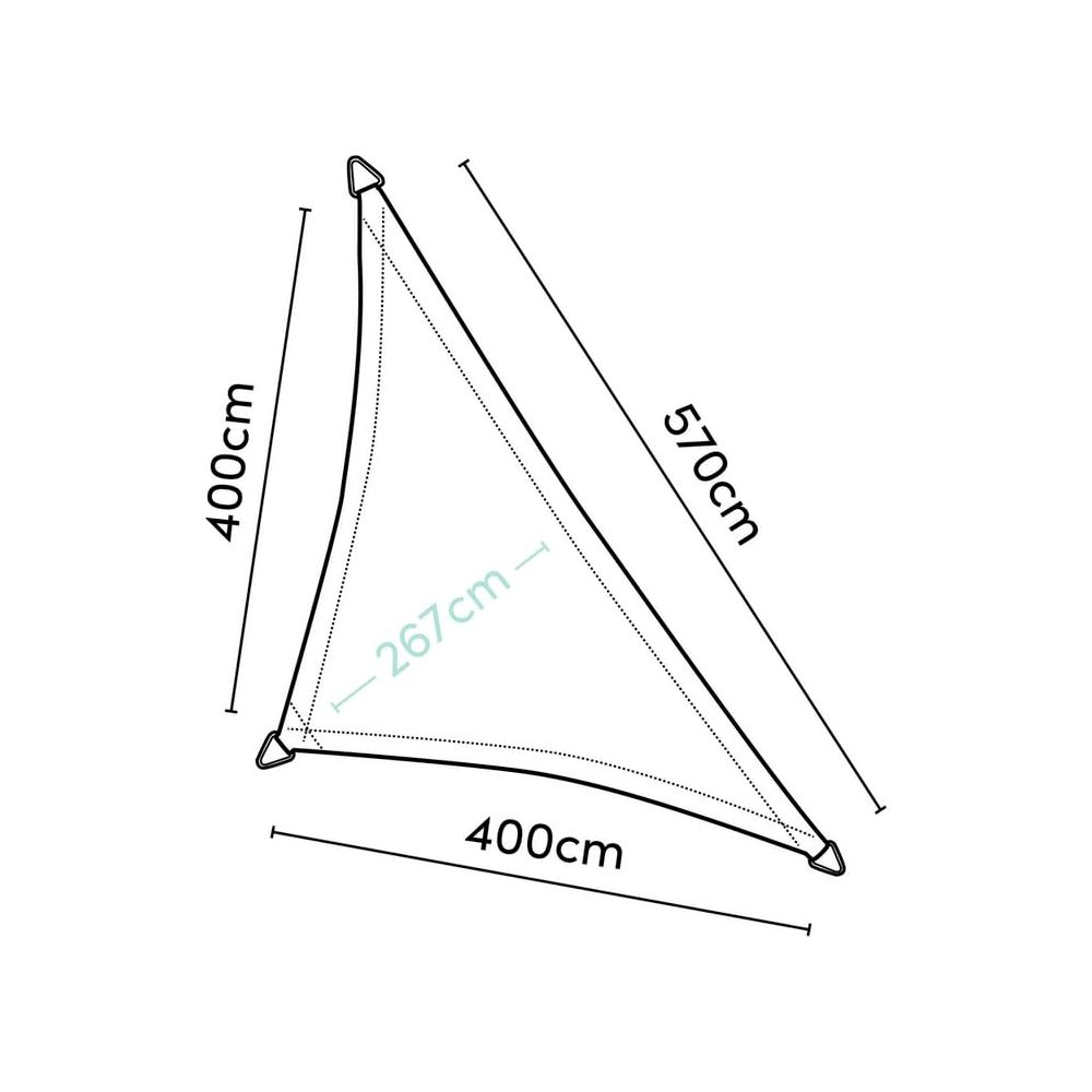 Dreieckiges Sonnensegel mit Maßen 400cm, 570cm und 267cm.