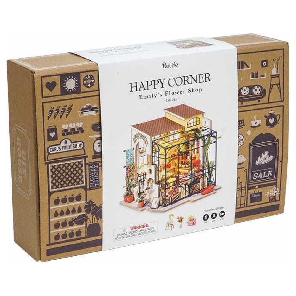 Caja de kit de bricolaje de floristería mostrando un modelo detallado de la tienda.
