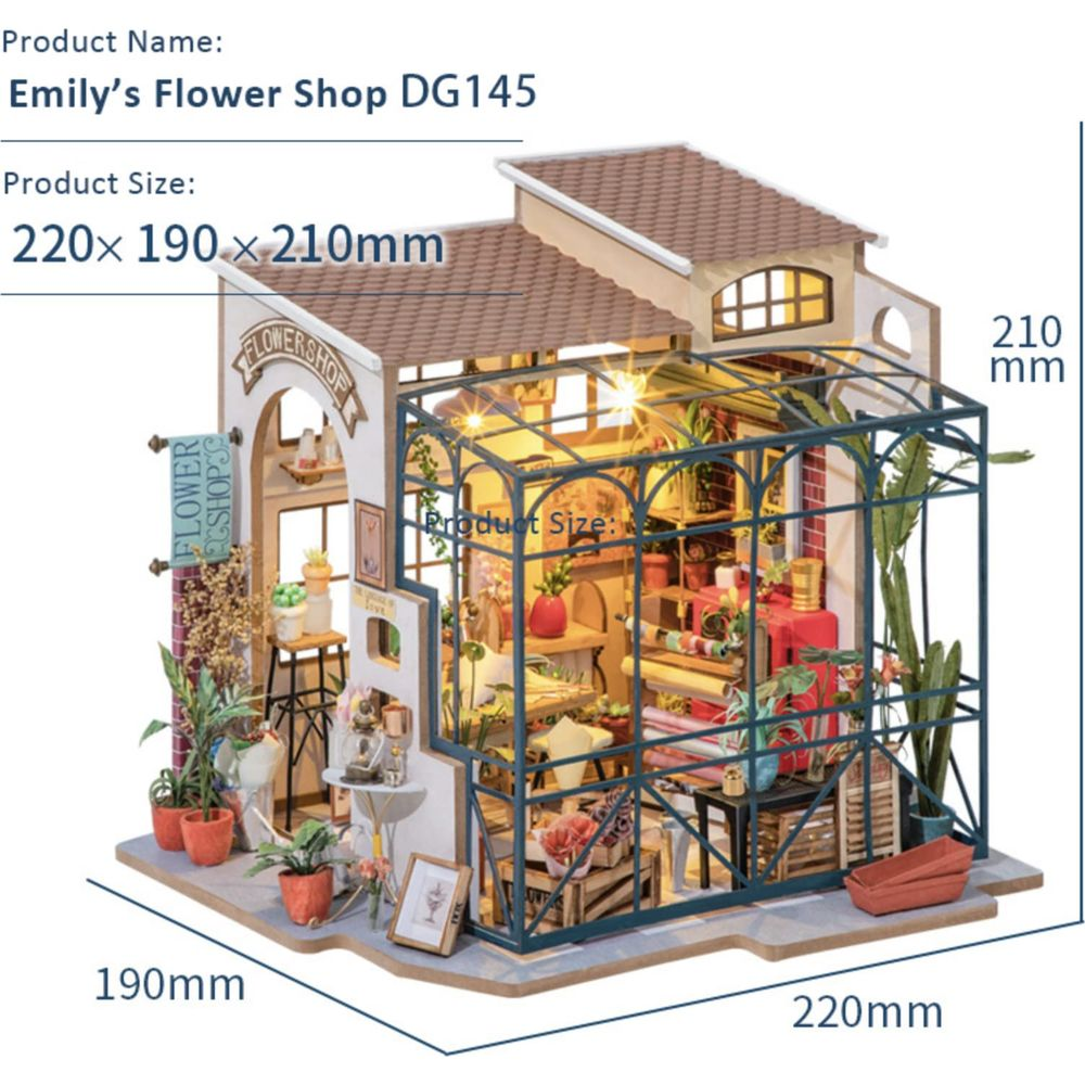 Floristería en miniatura con invernadero. Dimensiones: 220x190x210mm.