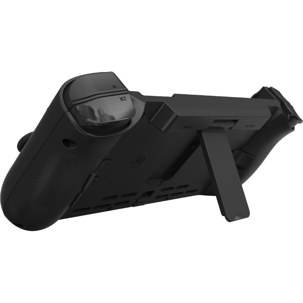 Schwarzer Controller mit ausklappbarem Ständer und Tastenbezeichnungen.