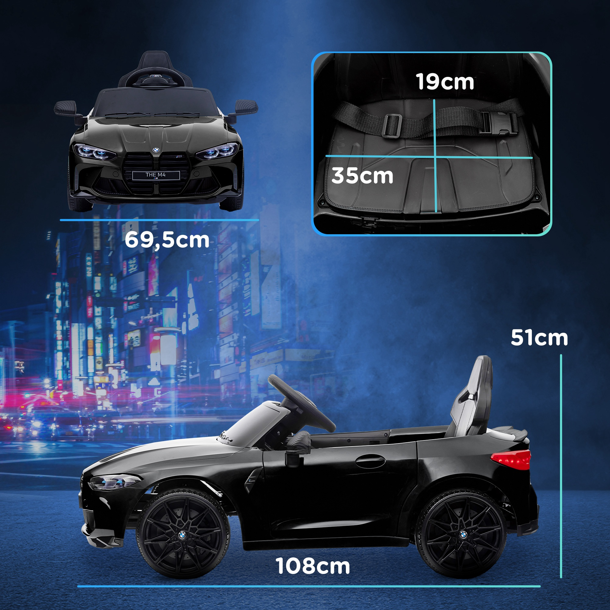 Coche eléctrico de juguete negro con dimensiones y detalles del asiento.