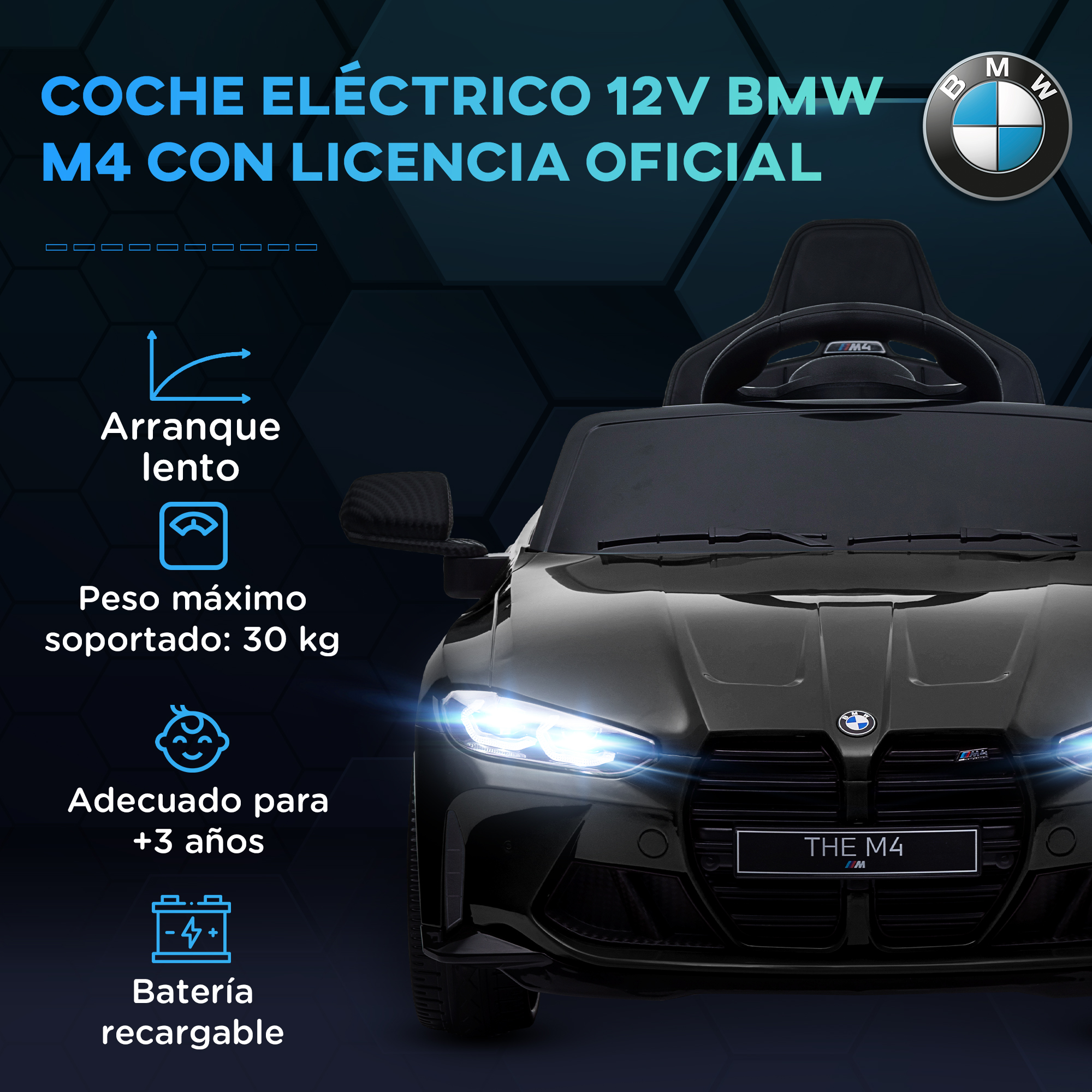 Coche eléctrico BMW M4 negro 12V, licencia oficial para niños.