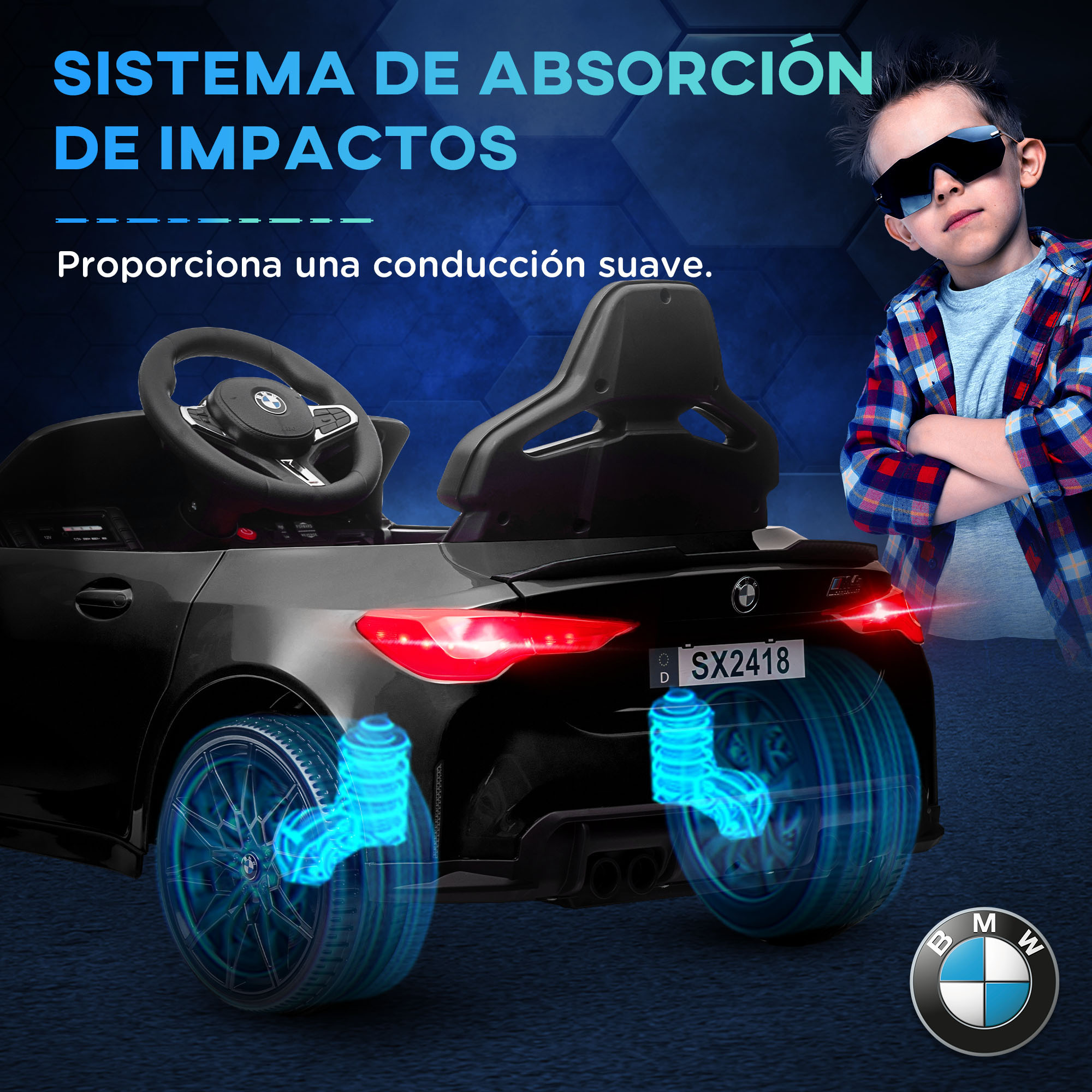 Coche de juguete eléctrico BMW negro con animación de amortiguador y niño con gafas.