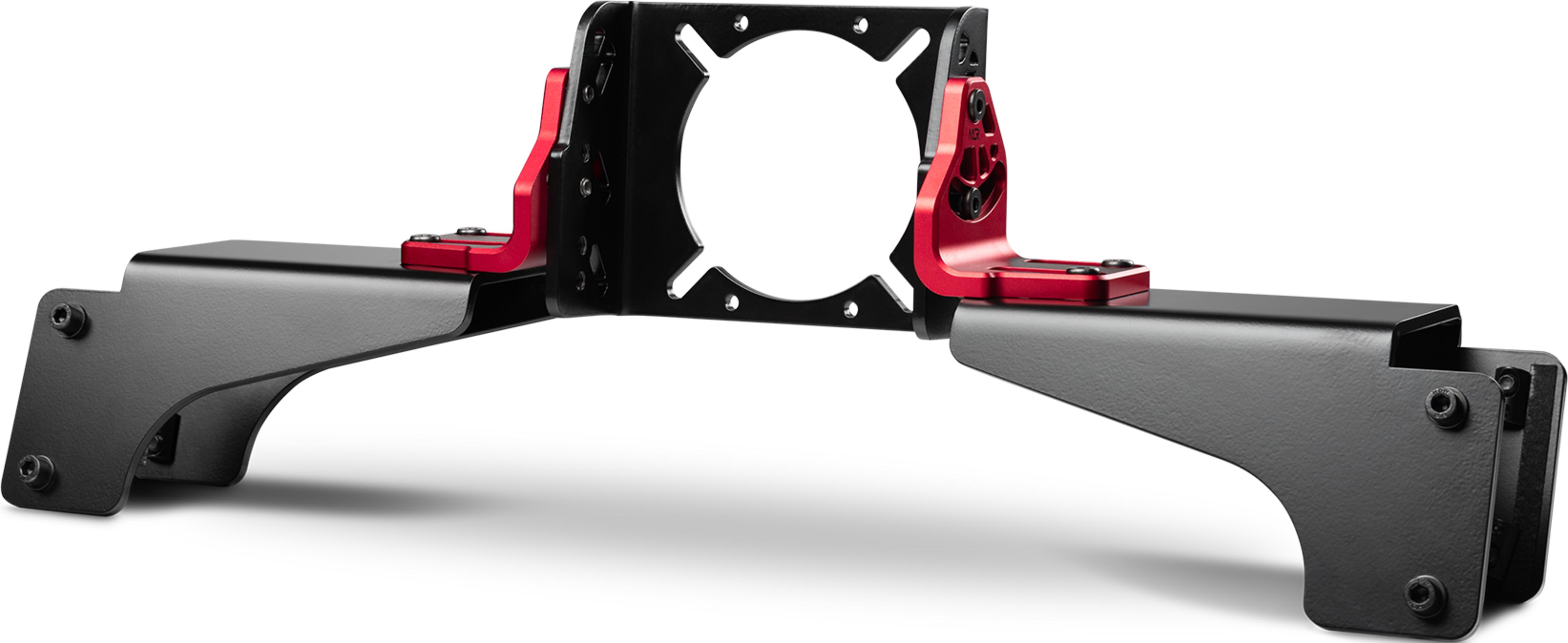Un soporte metálico negro con acentos rojos y un corte circular.