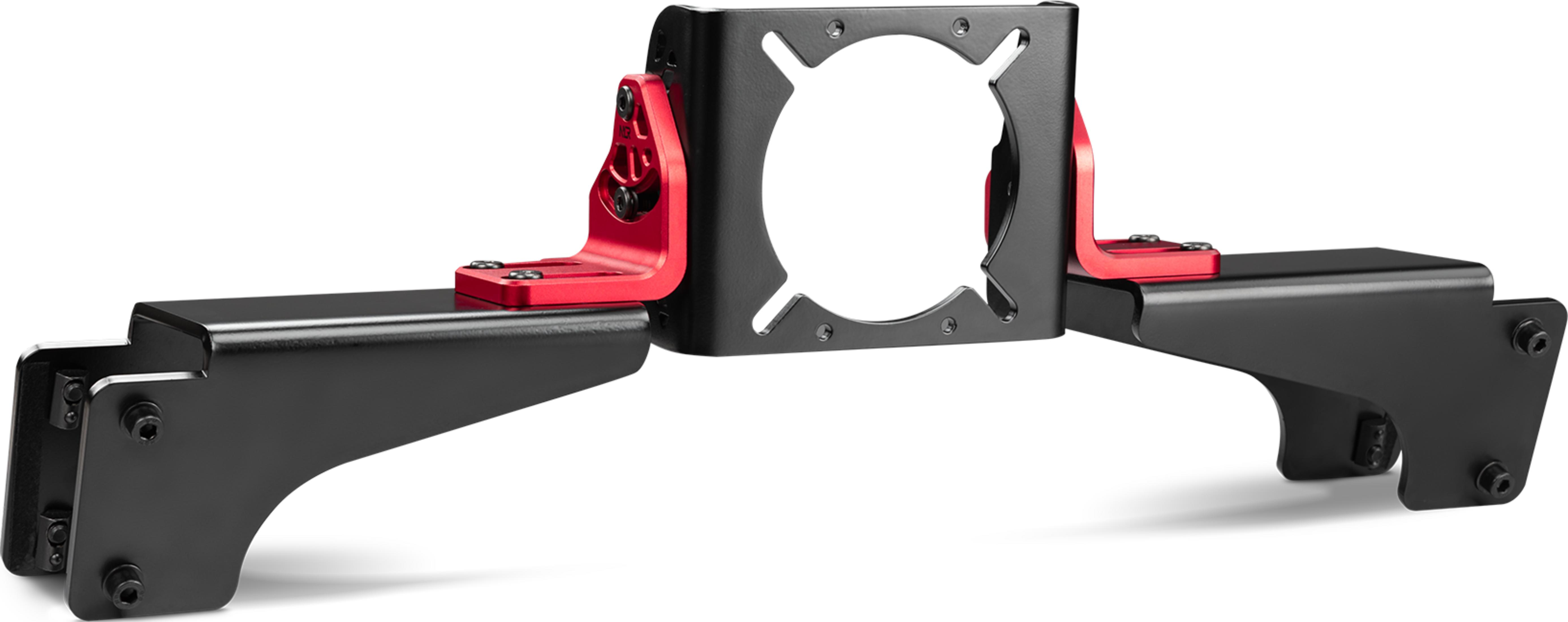 Soporte negro de metal con detalles rojos, diseñado para un dispositivo.