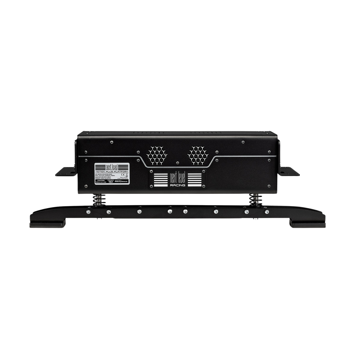 Sistema de movimiento negro para simulación de carreras con rejilla de ventilación.