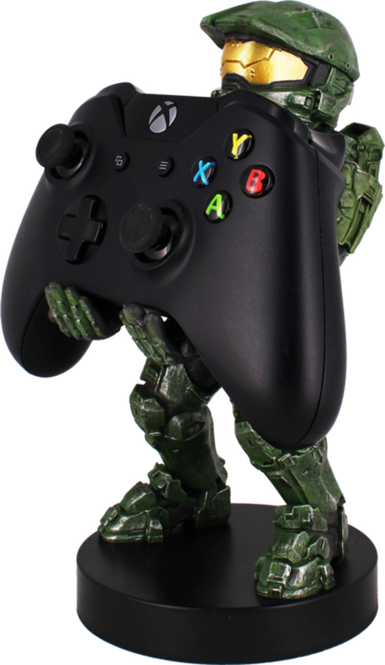 Una figura verde tiene un supporto per controller Xbox nero.
