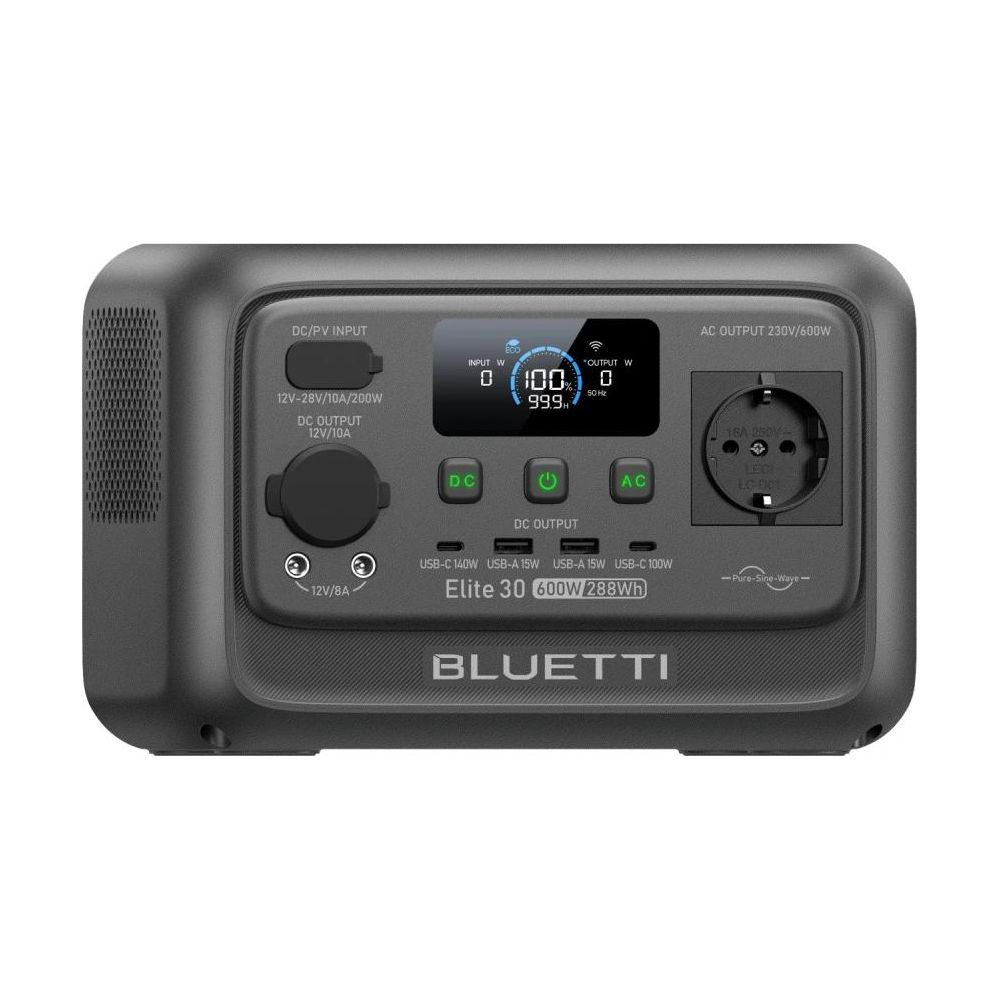 Una centrale elettrica portatile Bluetti Elite 30 con varie porte e display.
