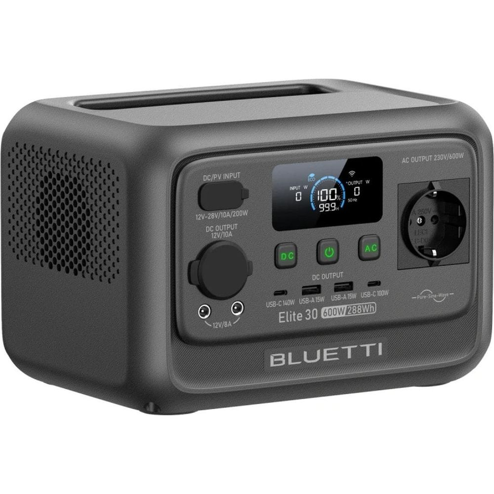 Stazione di alimentazione portatile Bluetti nera con porte e display.