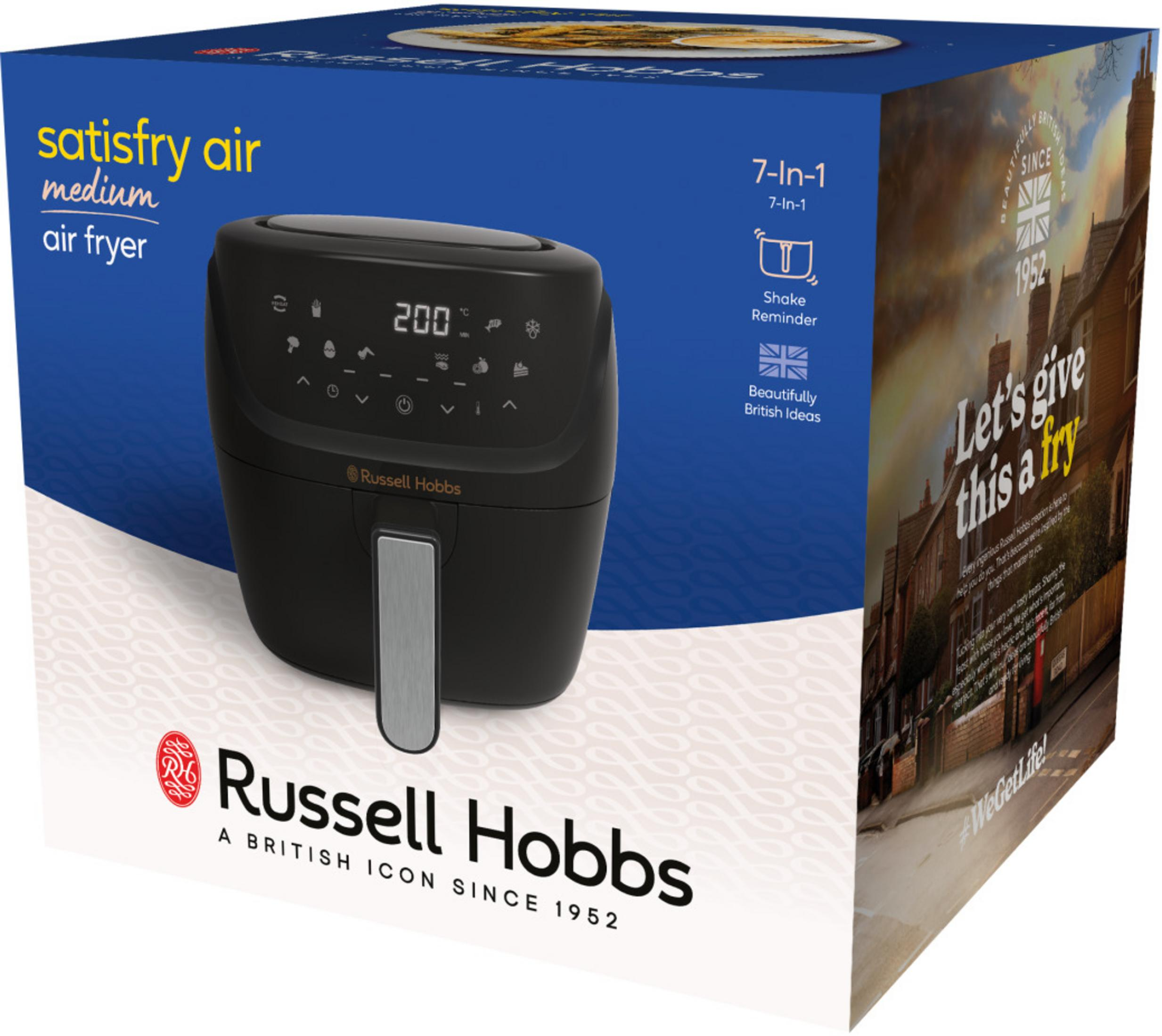 Friggitrice ad aria Russell Hobbs su confezione con scena di strada britannica e dettagli prodotto.