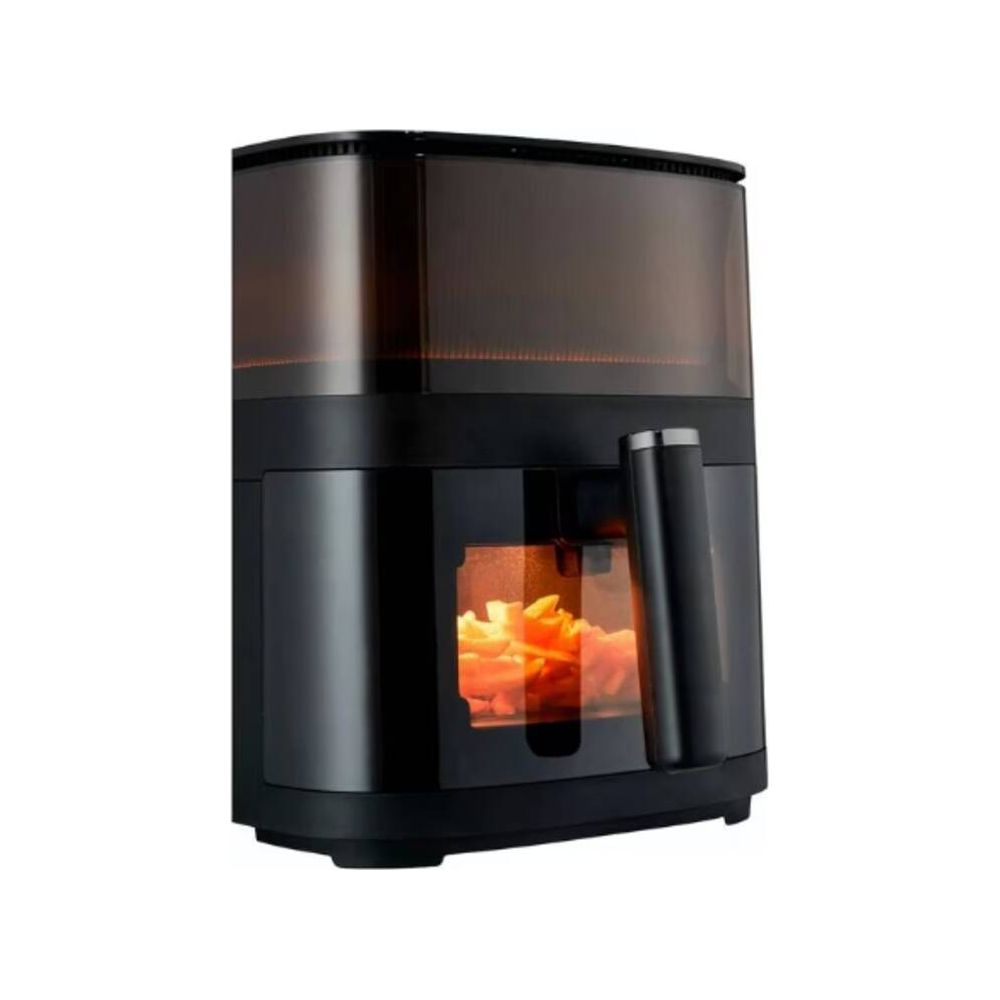 Czarna frytkownica beztłuszczowa z przezroczystym oknem pokazującym frytki.