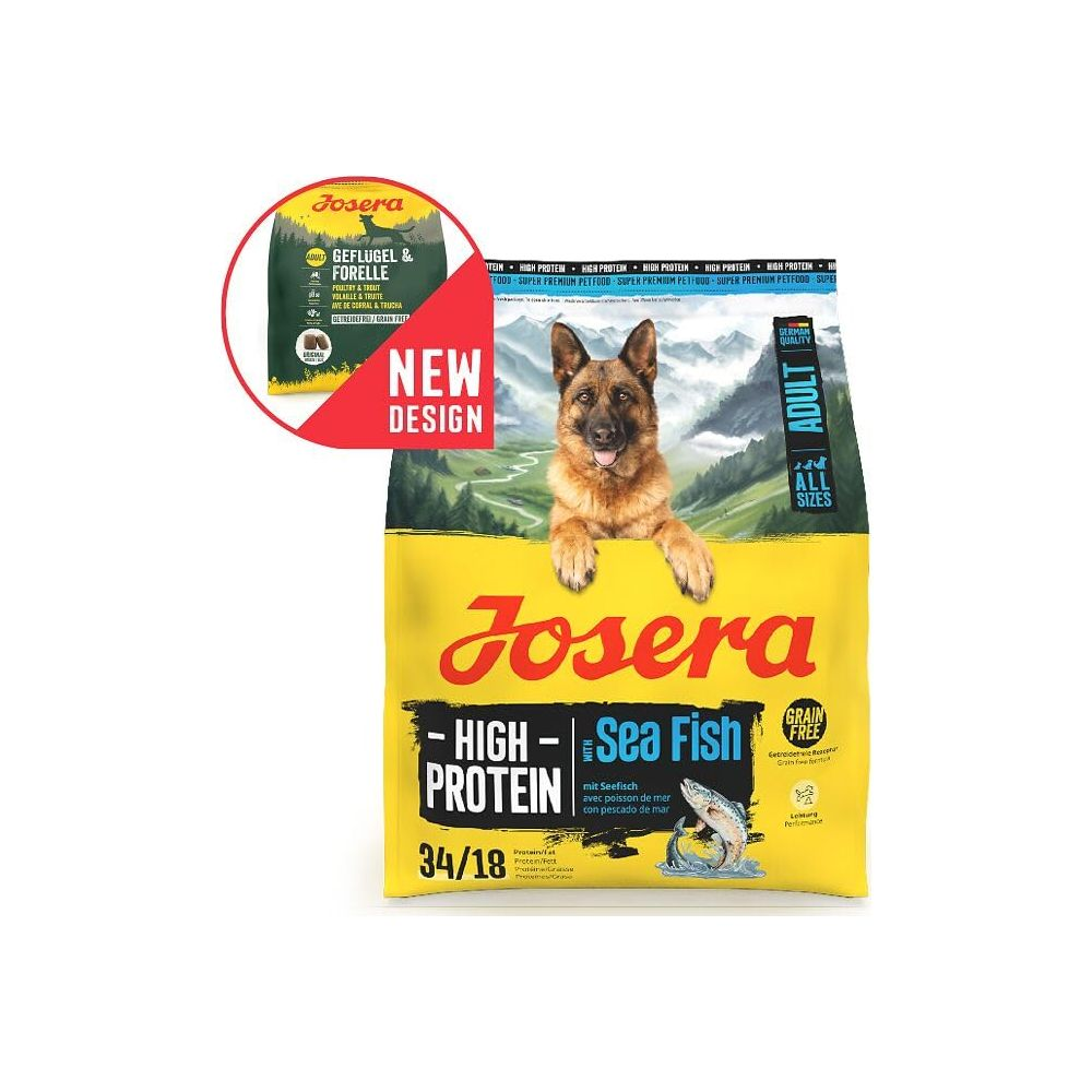 Ein Hundefutter-Sack von Josera mit einem deutschen Schäferhund und Berglandschaft.