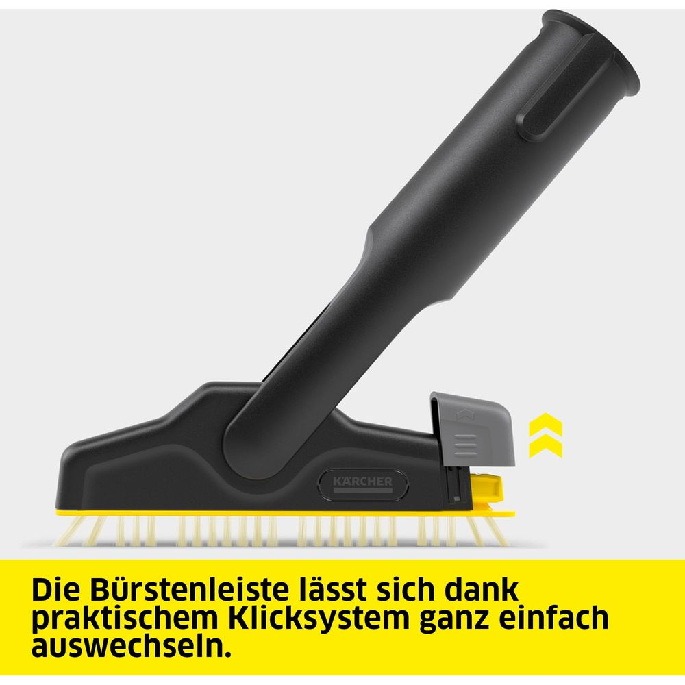 Schwarzer Kärcher Aufsatz mit gelbem Borstenkopf und Griff.