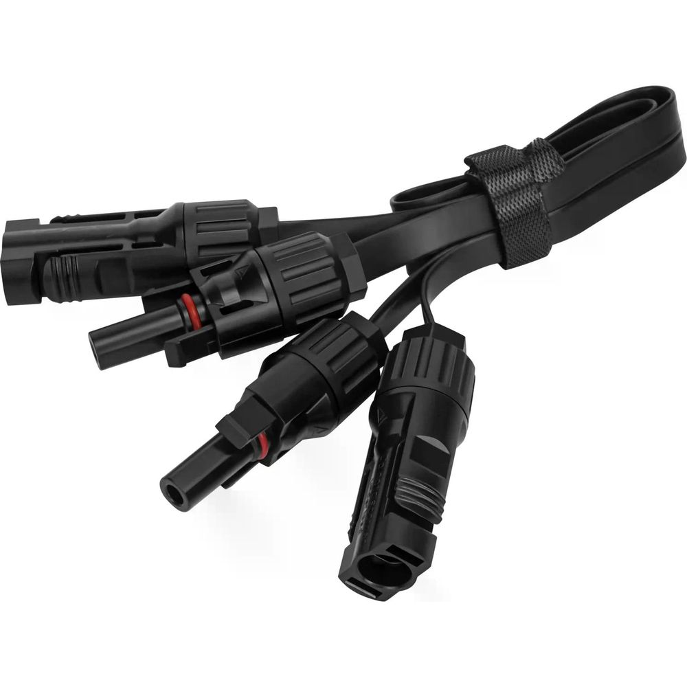 Czarny kabel solarny z trzema złączami i paskiem na rzepy.