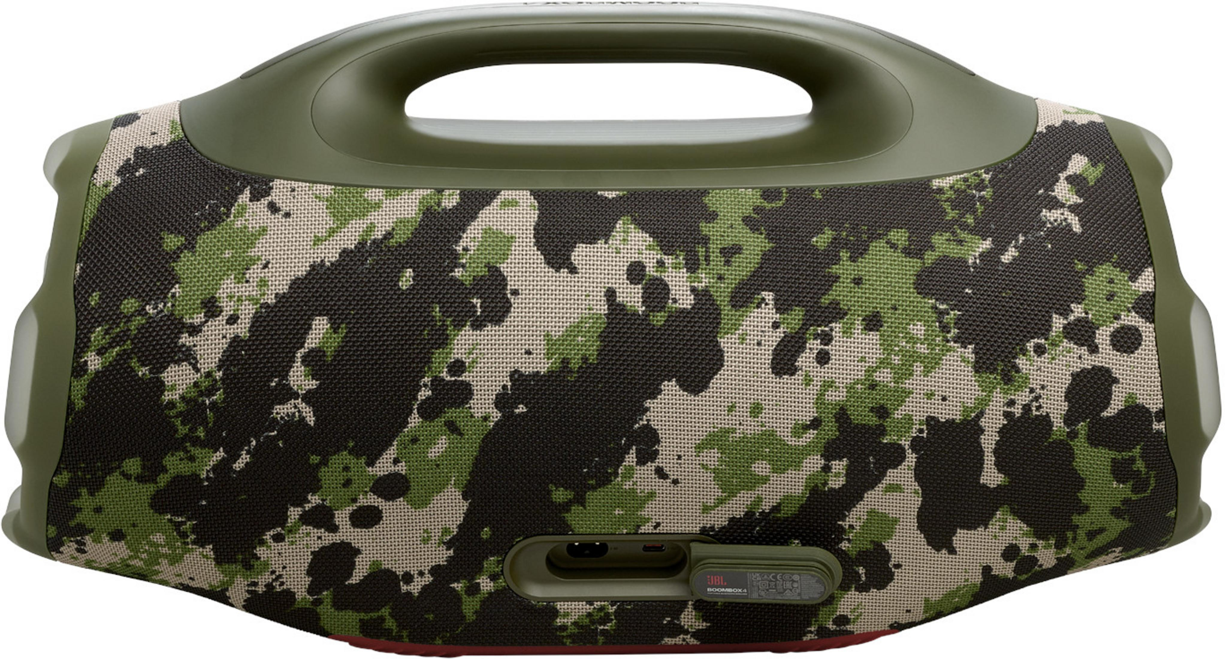 Grüner Camouflage-Lautsprecher mit Griff und Anschlüssen.