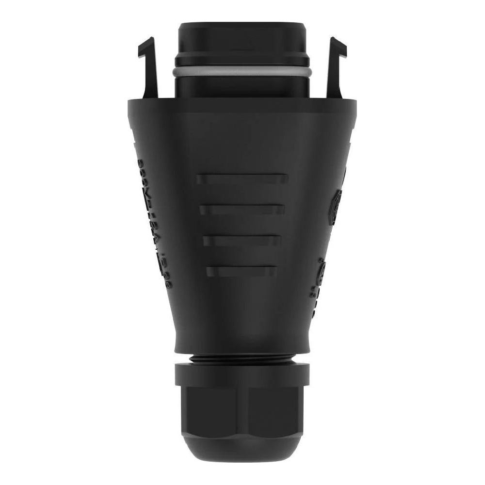 Connettore conico nero con scanalature e base esagonale.