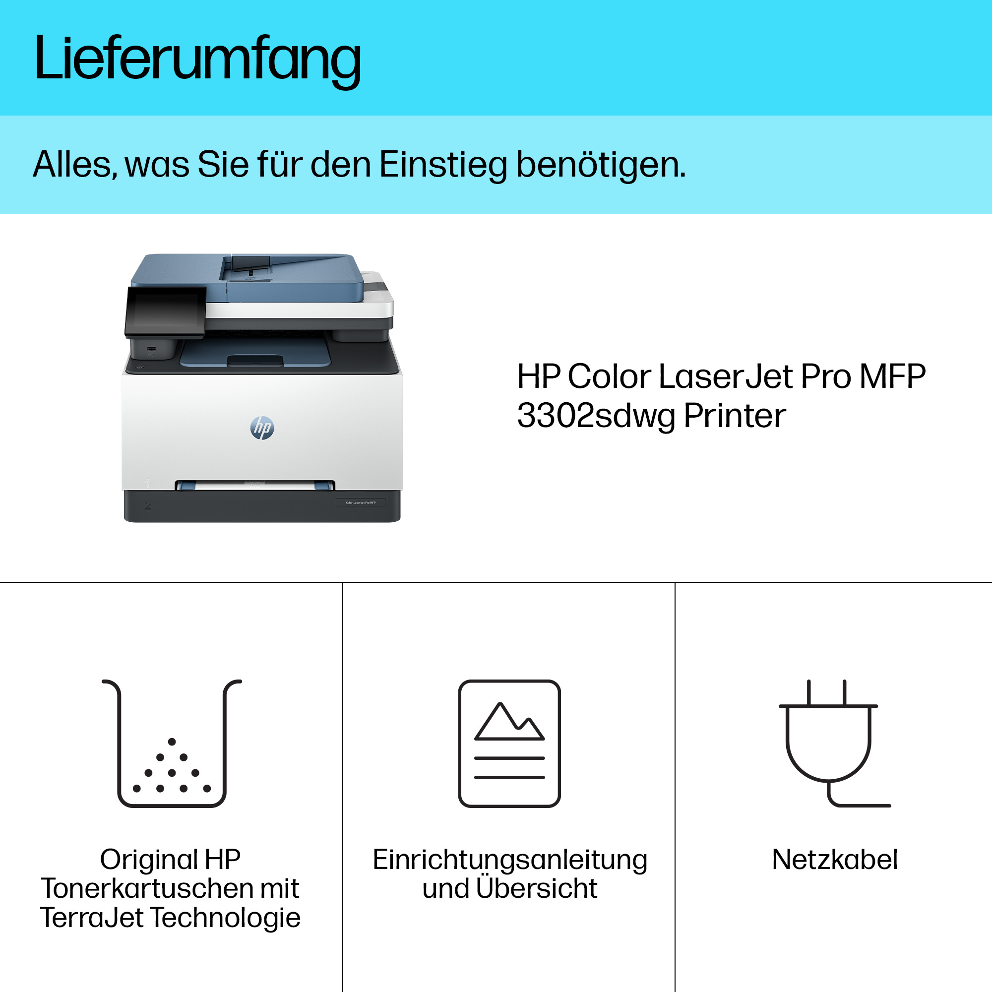 Drukarka HP Color LaserJet Pro MFP 3302sdwg, toner, instrukcja, kabel zasilający.