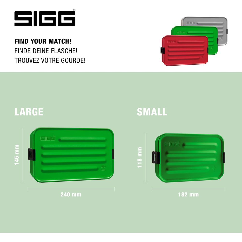 Zwei grüne SIGG Lunchboxen, groß und klein, mit Maßen.