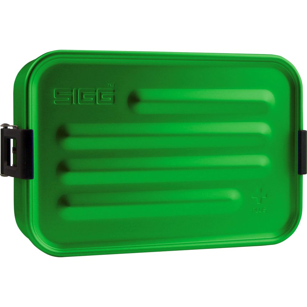 Grüne SIGG Brotdose mit horizontalen Rillen und schwarzen Clips.