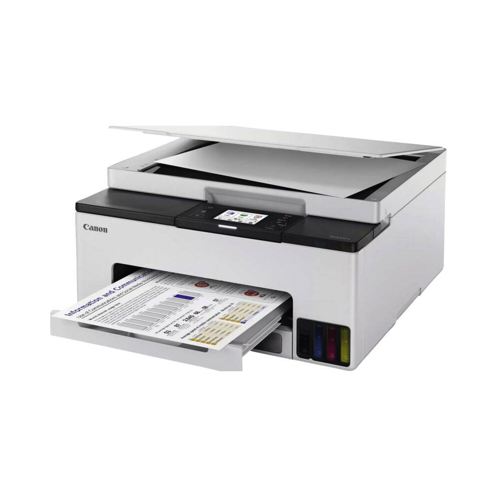 Biała drukarka Canon z otwartą pokrywą skanera i wychodzącym papierem.