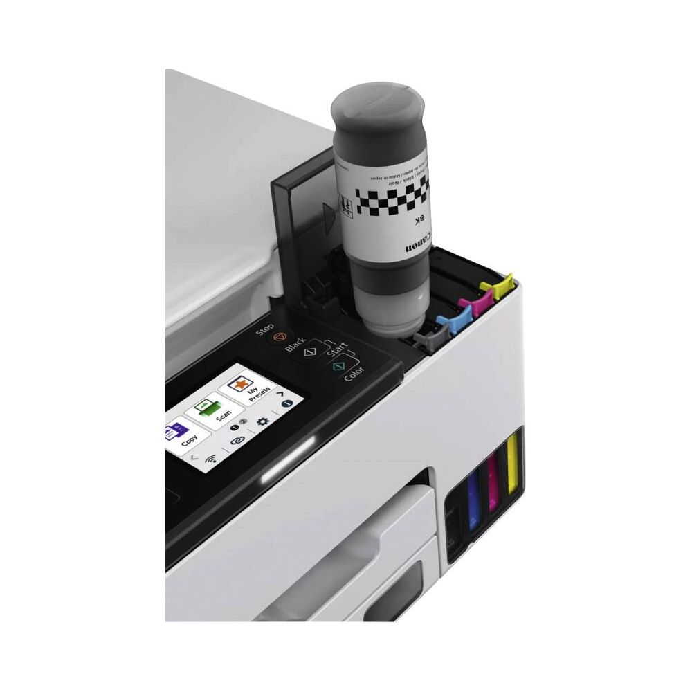 Czarny pojemnik z tuszem stoi na drukarce z kolorowymi wkładami.