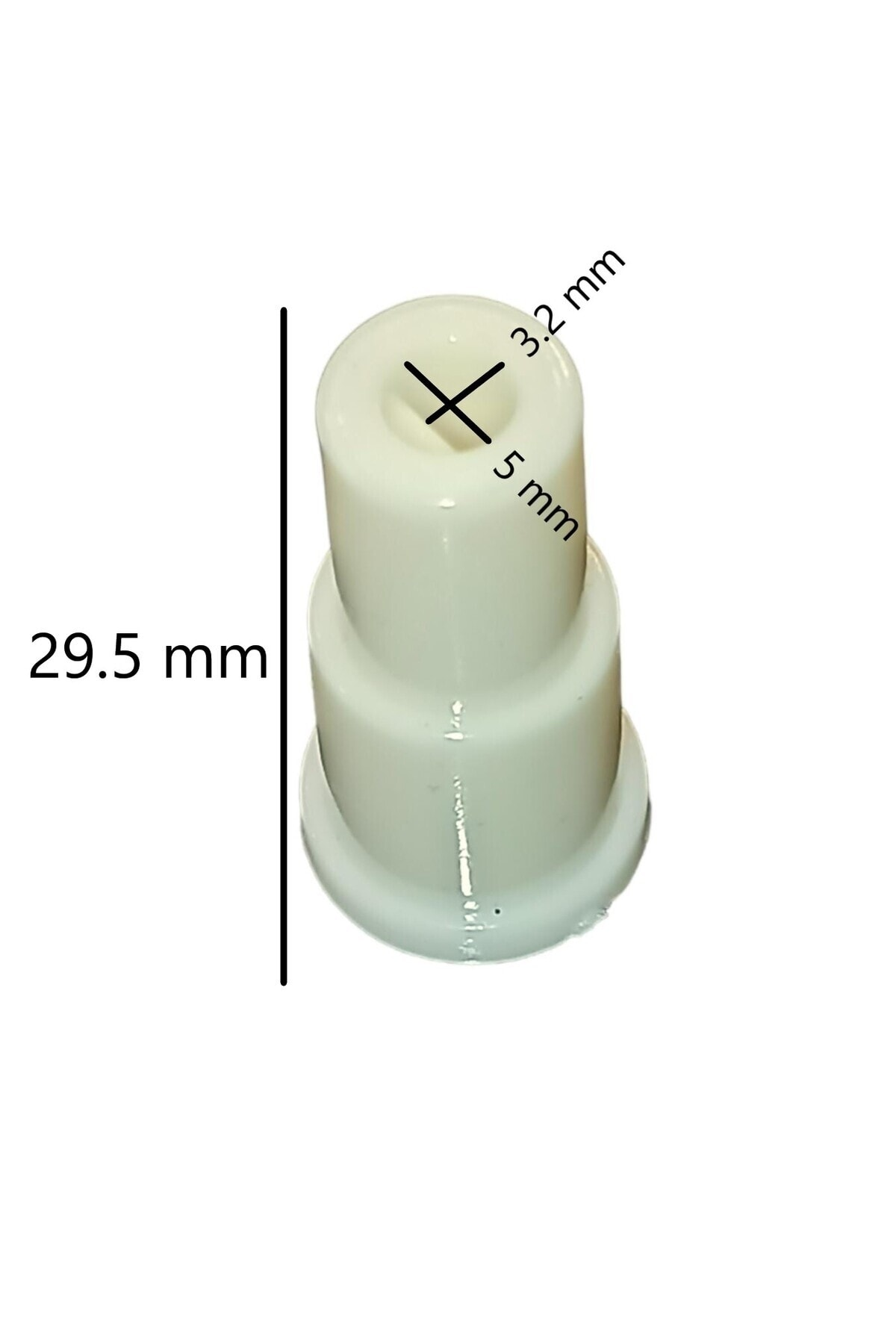 29,5 mm, 3,2 mm ve 5 mm ölçülerinde beyaz plastik parça.
