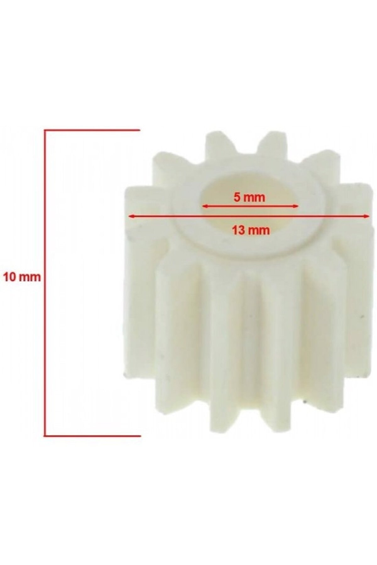 12 dişli beyaz bir dişli, 13 mm genişliğinde ve 10 mm yüksekliğinde.