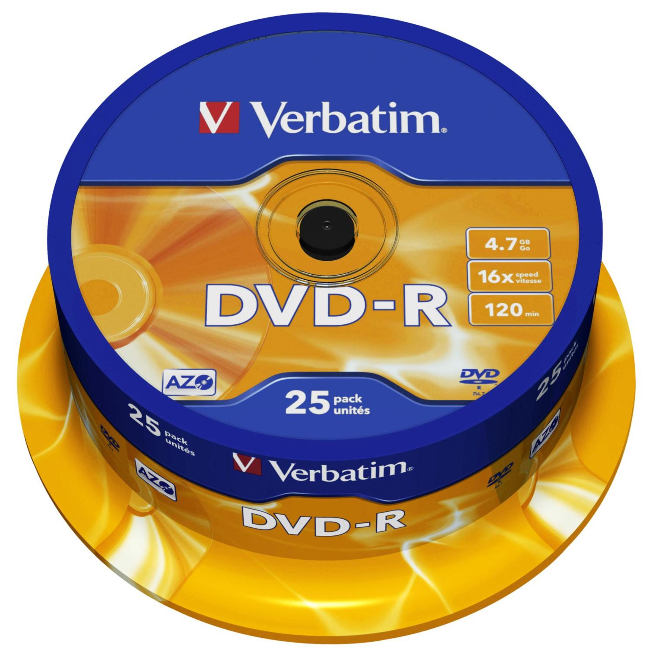 Una confezione da 25 dischi DVD-R Verbatim con capacità di 4,7 GB.