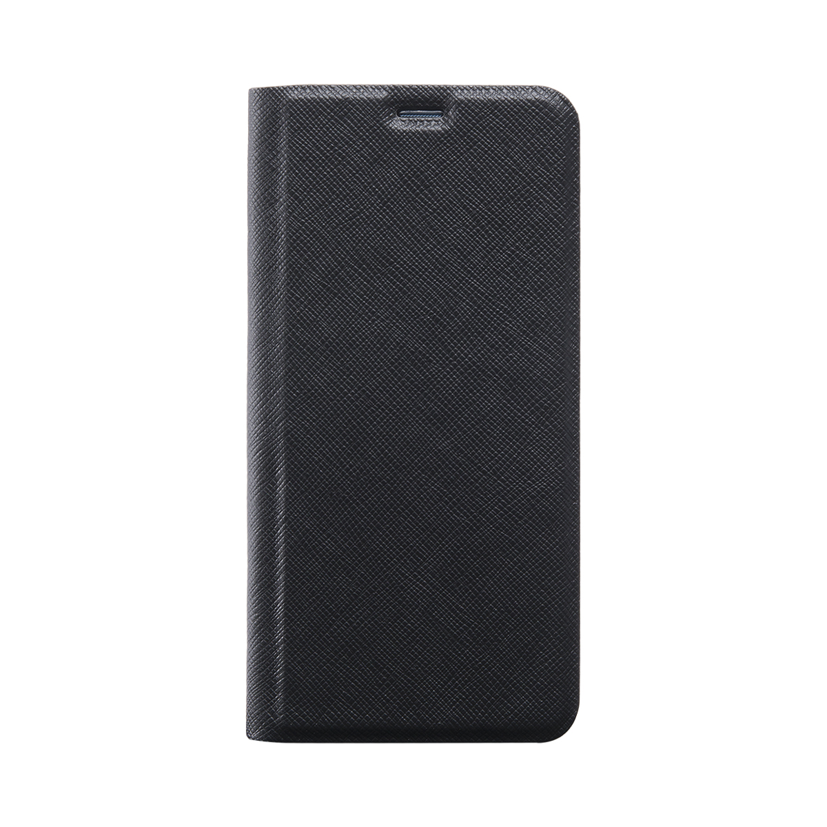 Custodia nera chiusa per cellulare con texture a linee sottili.