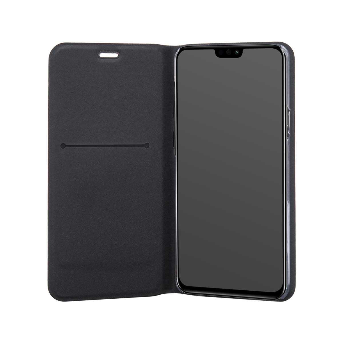 Uno smartphone nero con flip cover aperto su sfondo bianco.