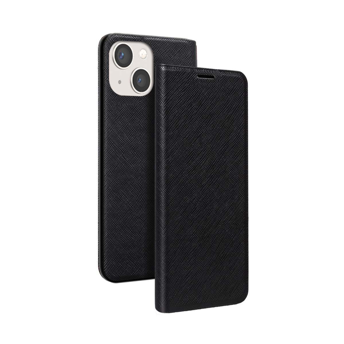 Telefono nero con custodia a flip accanto.