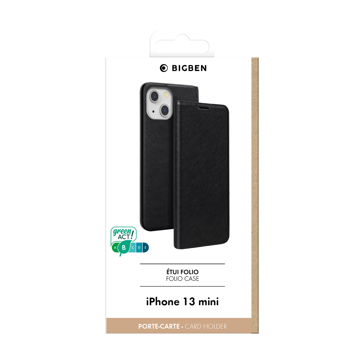 Custodia folio nera Bigben per iPhone 13 mini con porta carte. Etichetta.