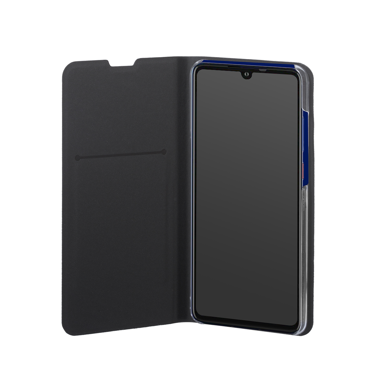 Custodia nera per telefono con copertina aperta, che mostra uno smartphone con schermo scuro.