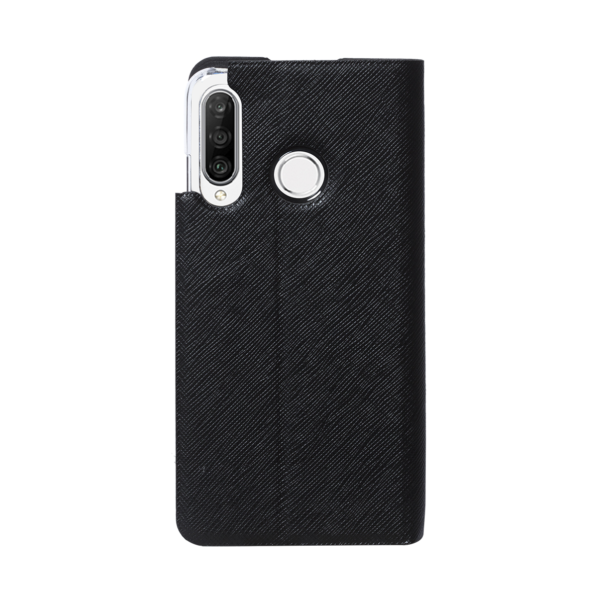 Custodia nera per telefono con ritagli fotocamera e sensore impronte.