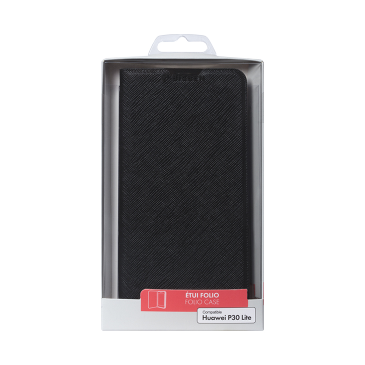 Custodia a libro nera per Huawei P30 Lite in confezione.