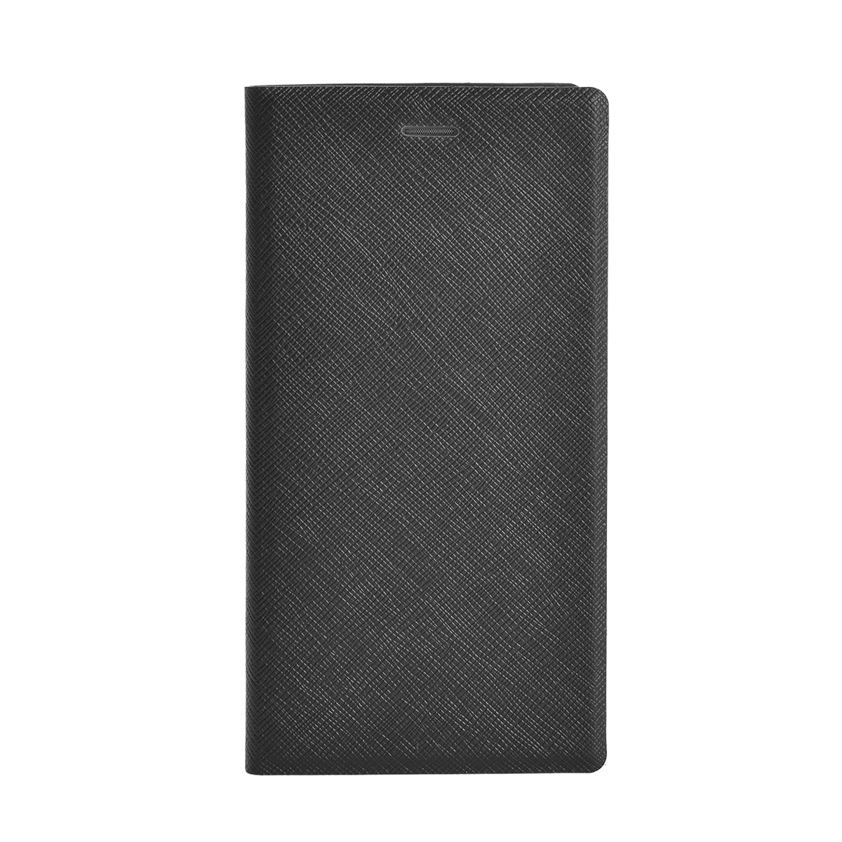 Custodia nera a libro per telefono, con texture fine.