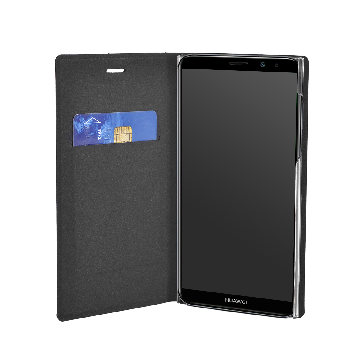 Una custodia a libro nera con una carta blu all'interno, che mostra una cover per telefono.