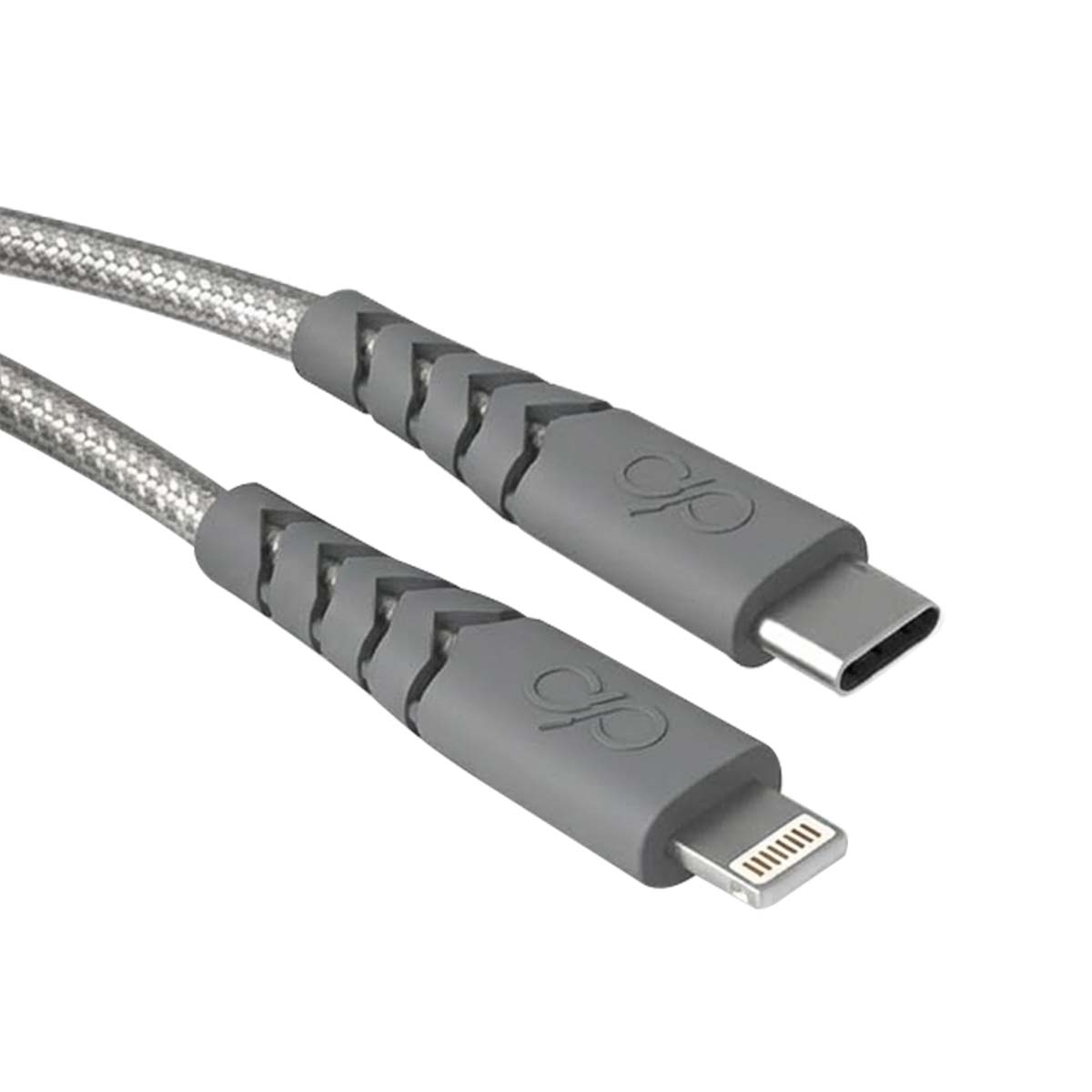 Câble de chargement gris avec connecteurs USB-C et Lightning, avec logo.