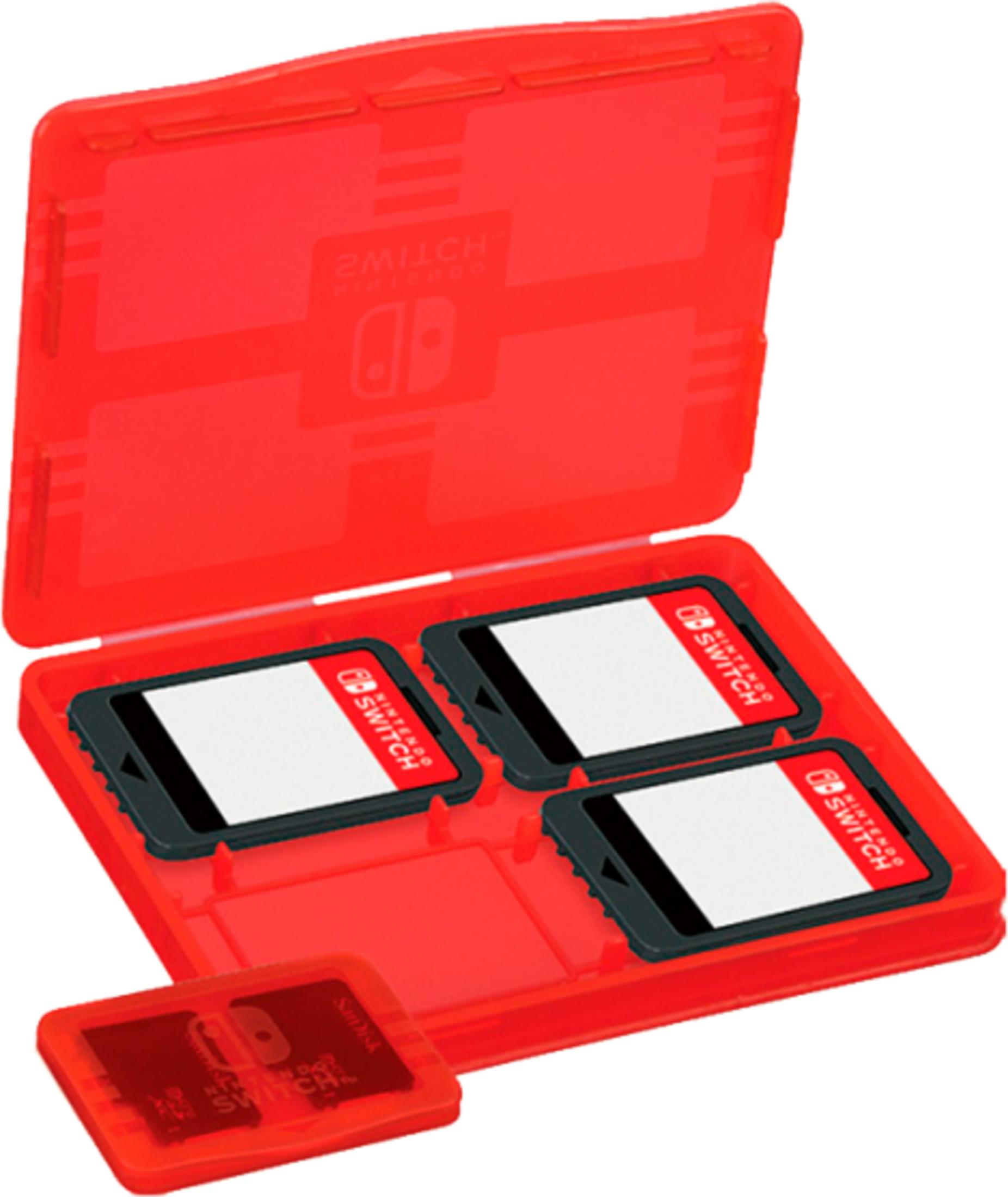 Custodia rossa per schede di gioco Nintendo Switch con quattro schede. Una scheda è parzialmente rimossa.