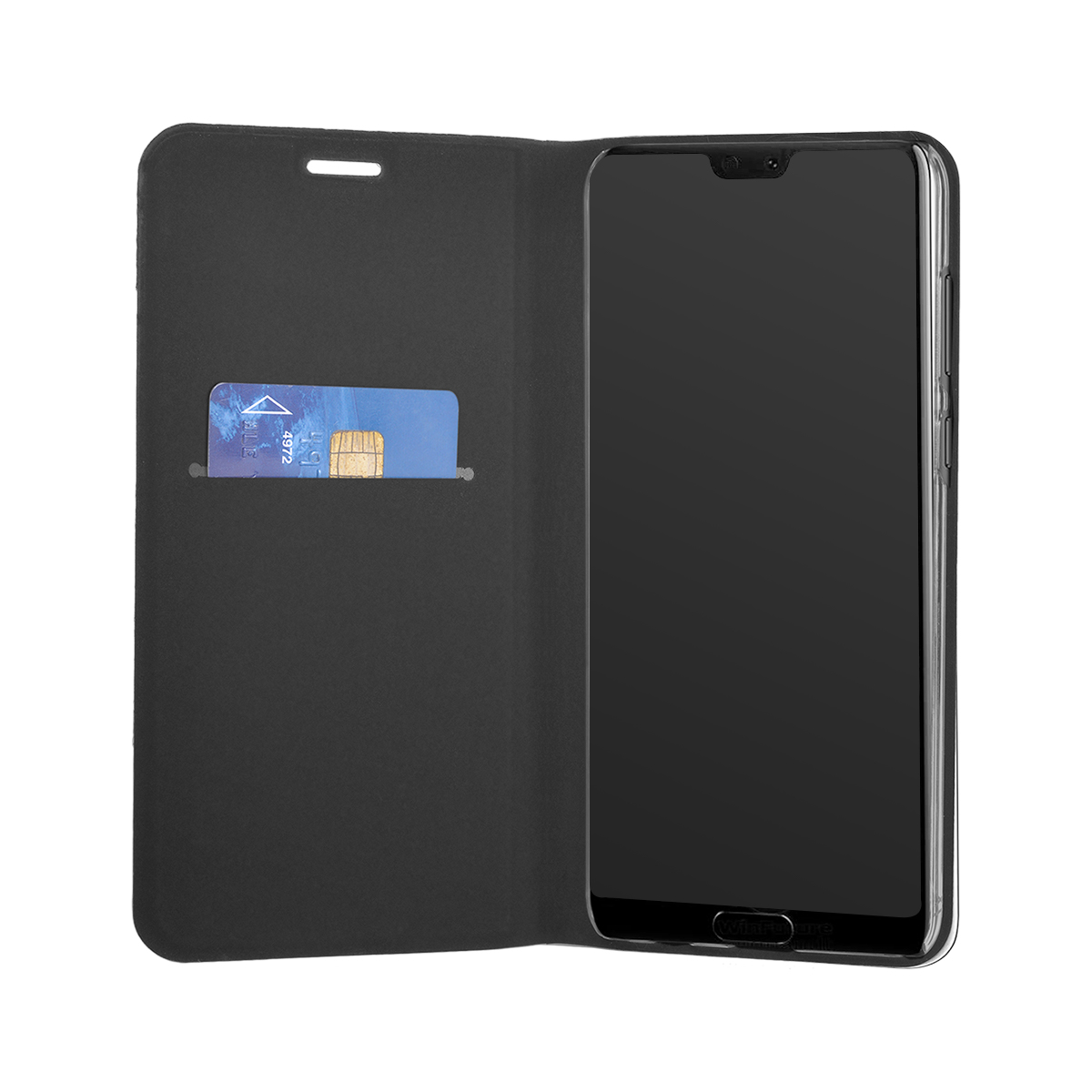 Custodia nera per telefono con slot per carte, aperta su sfondo bianco.