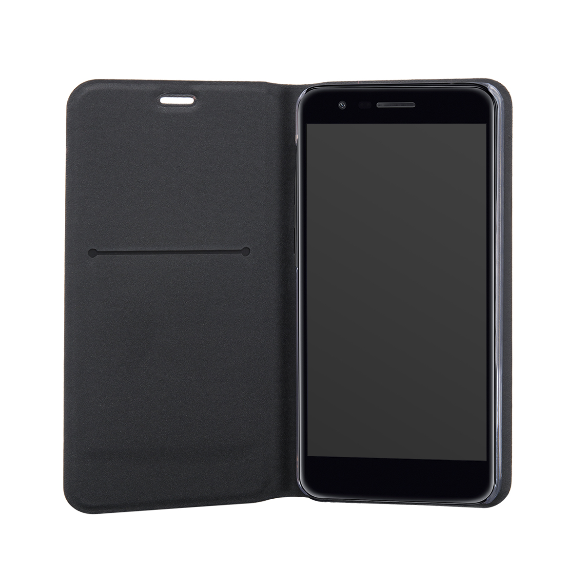 Smartphone nero con custodia aperta, scatto studio.
